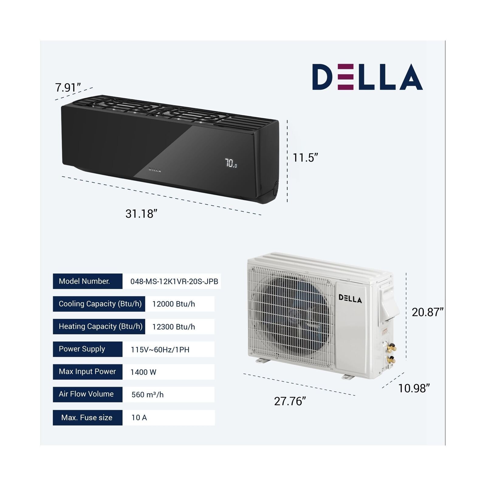 DELLA 12000 BTU Wifi Mini Split Work with Alexa 20 SEER2 Cools Up to 550 Sq.F...