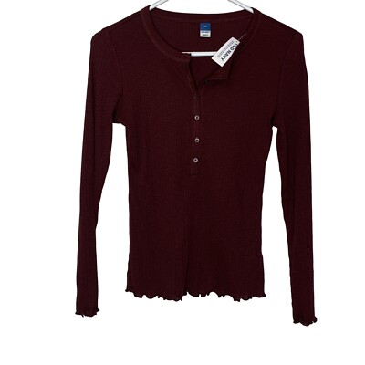 Old Navy Womens Brown Ridded Ruffled Henley Neck Long Sleeve T-Shirt Size XS