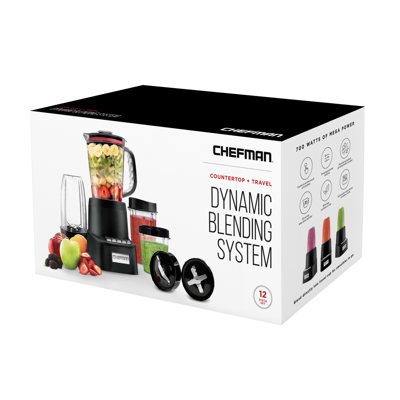Chefman Countertop Travel Personal Blender 700-watts, 32 oz, 12-Piece Set