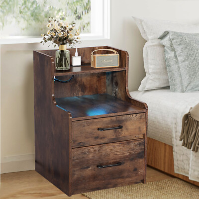 Nightstand with Charging Station,End Table w/ Drawer, Industrial Side Sofa Table