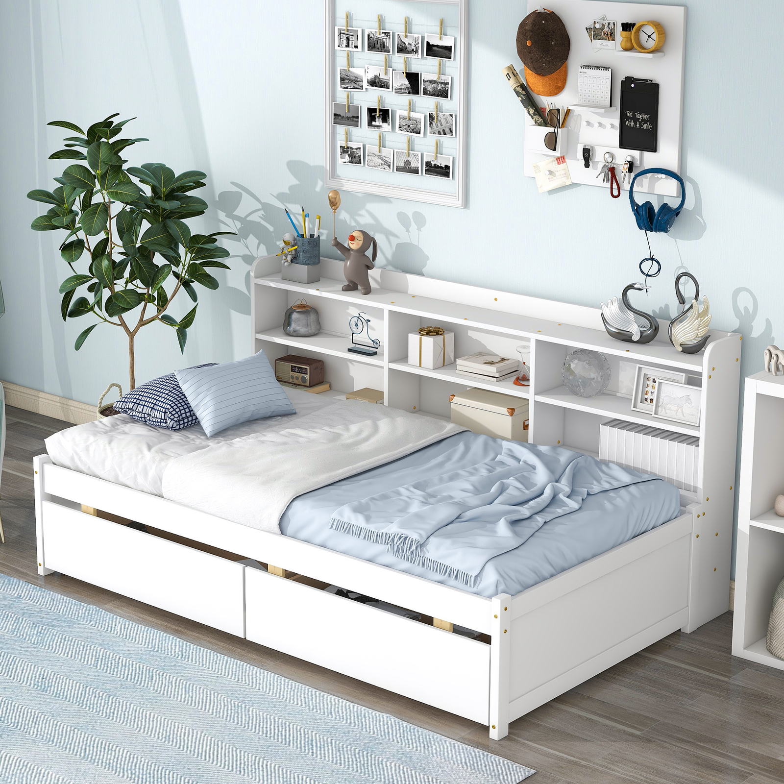 W/2 Drawers And Side Bookcase Storage Bedroom White