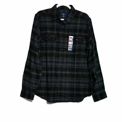 George Mens Navy Blue White Plaid Button Up Shirt Cotton Long Sleeve Pockets M