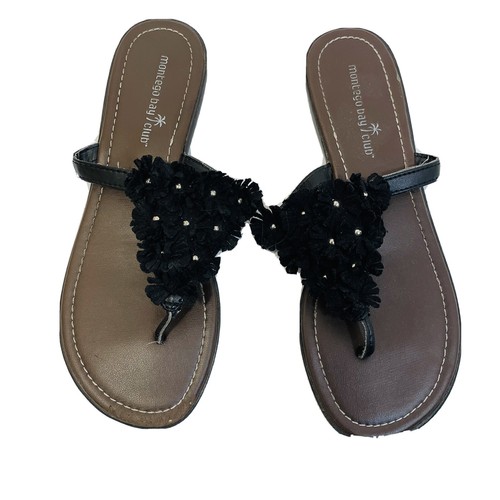 Montego Bay Club Womens Sz 7.5 Brown Black Embellished Flower Thong Flip Flops