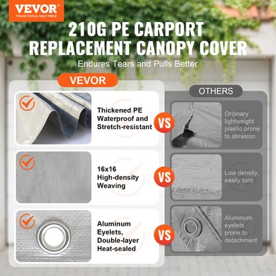 VEVOR Carport Replacement Canopy Car Shelter Tent Cover 13 x 20 ft Grey