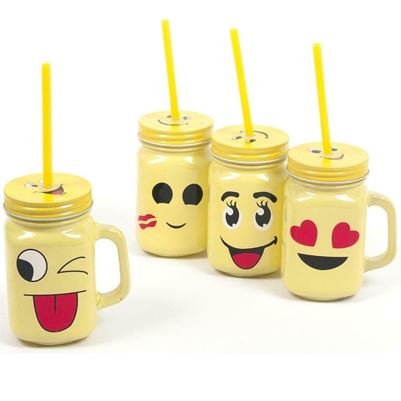 Set 8 Bicchieri faccine Emoji Cannuccia brocca Boccale Coperchio 450ml Barattoli