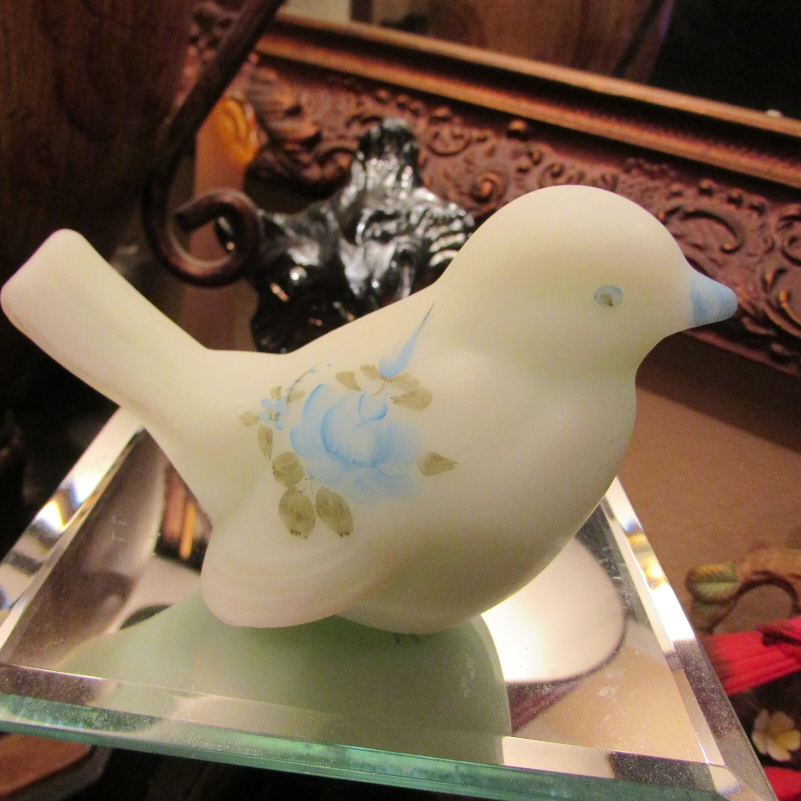 BEAUTIFUL FENTON BLUE ROSES ON BLUE SATIN   HAND PAINTED AND SIGNED  BIRD