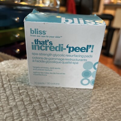 Bliss That's Incredi-'peel'! Glycolic pads Fine Lines Wrinkles 30 sealed packets