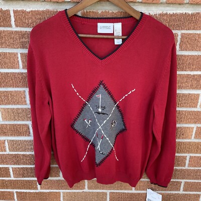 Liz Golf Liz Claiborne Sweater Women s Large Red V-Neck Argyle Embroidered NWT