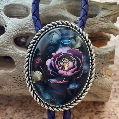 Gothic Flower Black Gold Witch Leather Bolo Tie Lariat Necklace Wedding Purple
