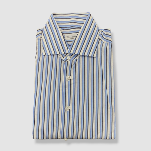 CESARE ATTOLINI NAPOLI $1000 CESARE ATTOLINI NAPOLI MEN'S BLUE STRIPED DRESS SHIRT SIZE 17 / 43