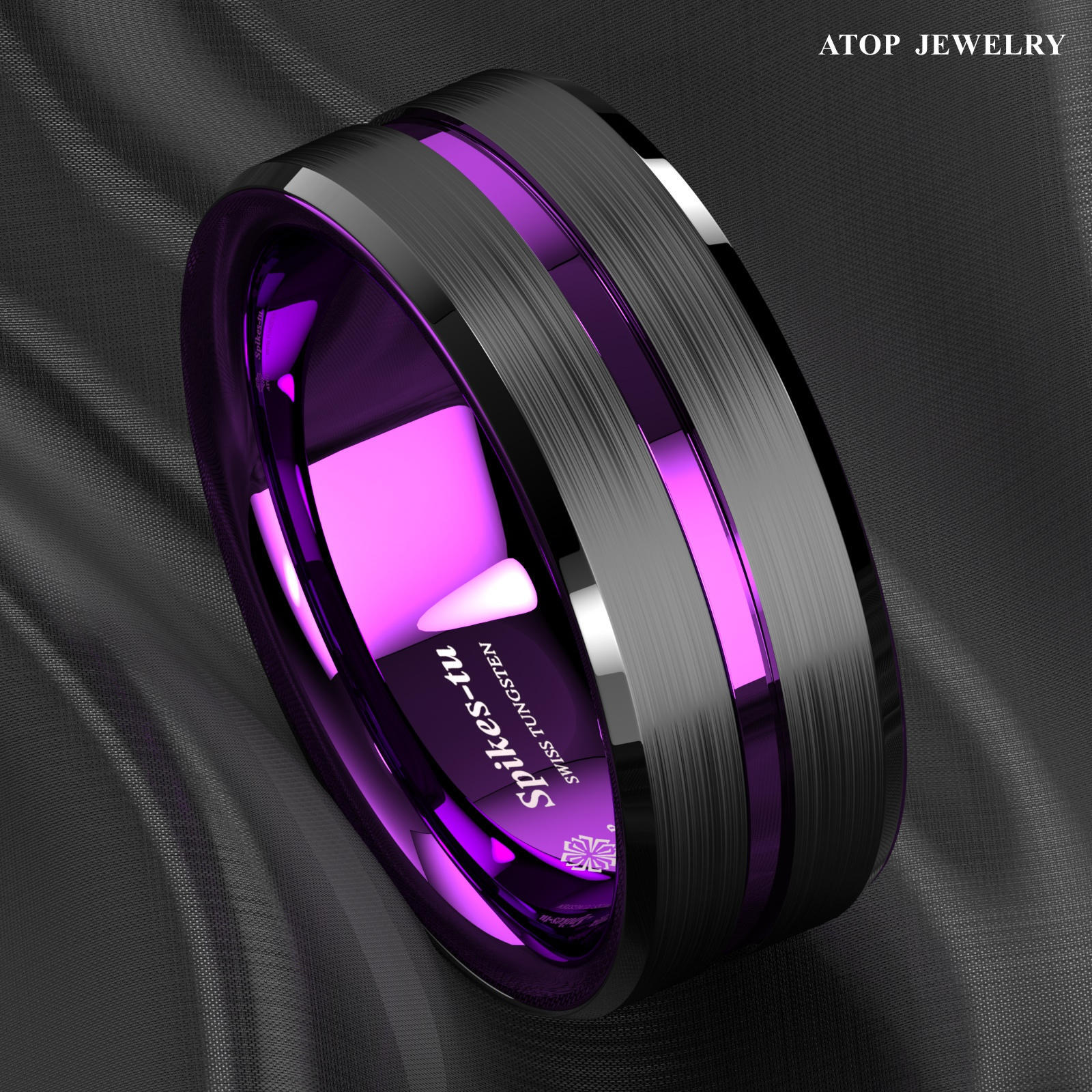 8/6mm Black Tungsten Carbide Thin Purple Line Wedding Band Ring ATOP Men Jewelry