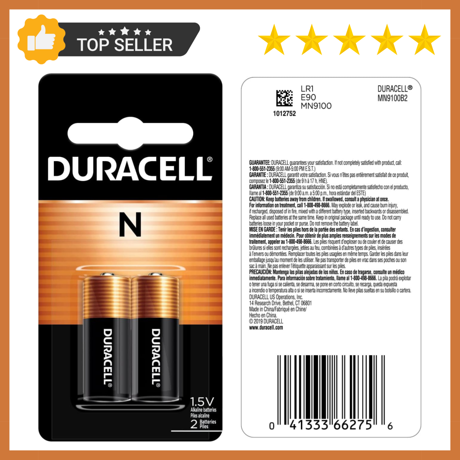 Duracell N 1.5V Alkaline Battery, 2 Count Pack, N 1.5 Volt Alkaline Battery ...