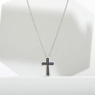 Blue Sapphire 14K Gold Holy Cross Necklace Jewelry-Gift for Christmas