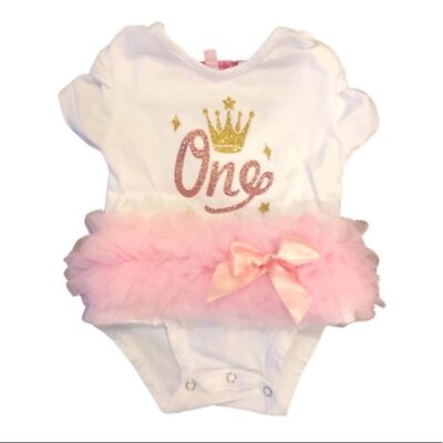 Popatu Tutu 1 Year Birthday Short Sleeve One Piece White Pink Sparkle 12M