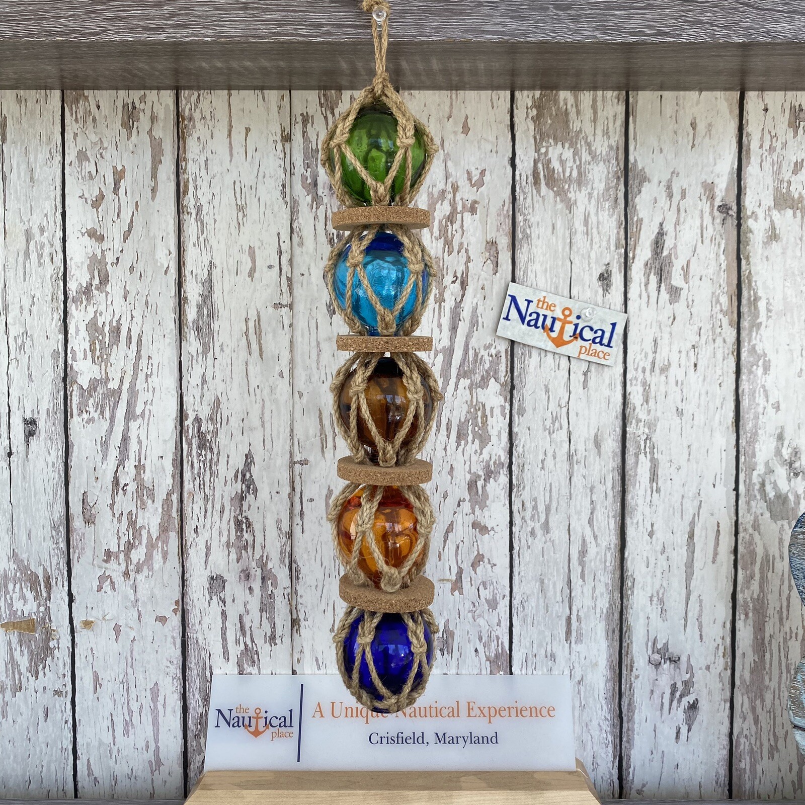 Glass Fishing Floats On Jute Rope - Red, Blue, Aqua, Green - Nautical Wall Decor