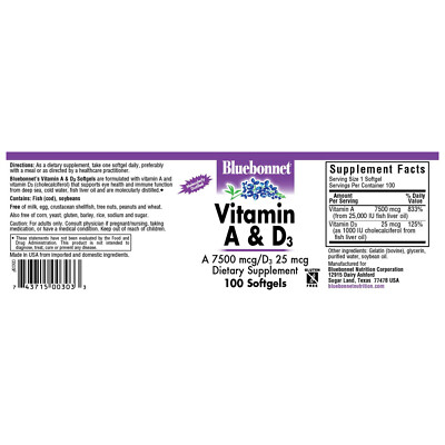Bluebonnet Vitamin A & D3 750 Mcg 25000 IU 25 Mcg 1000 IU 100 Softgels