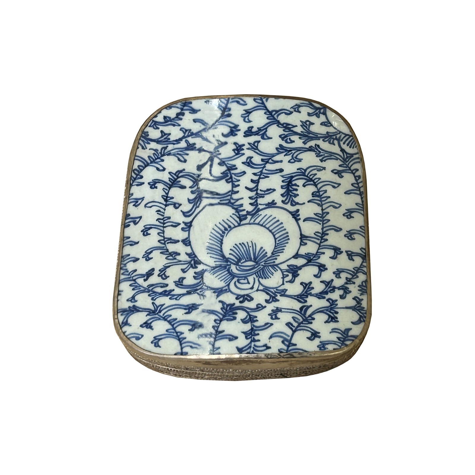 Chinese Old White Base Blue Scroll Leaf Graphic Porcelain Art Pewter Box ws3915S Chinese Old White Base Blue Scroll Leaf Graphic Porcelain Art Pewter Box ws3915S