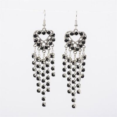 Black Silver Czech Crystal Rhinestone Cup Chain Heart Long Chandelier Earrings