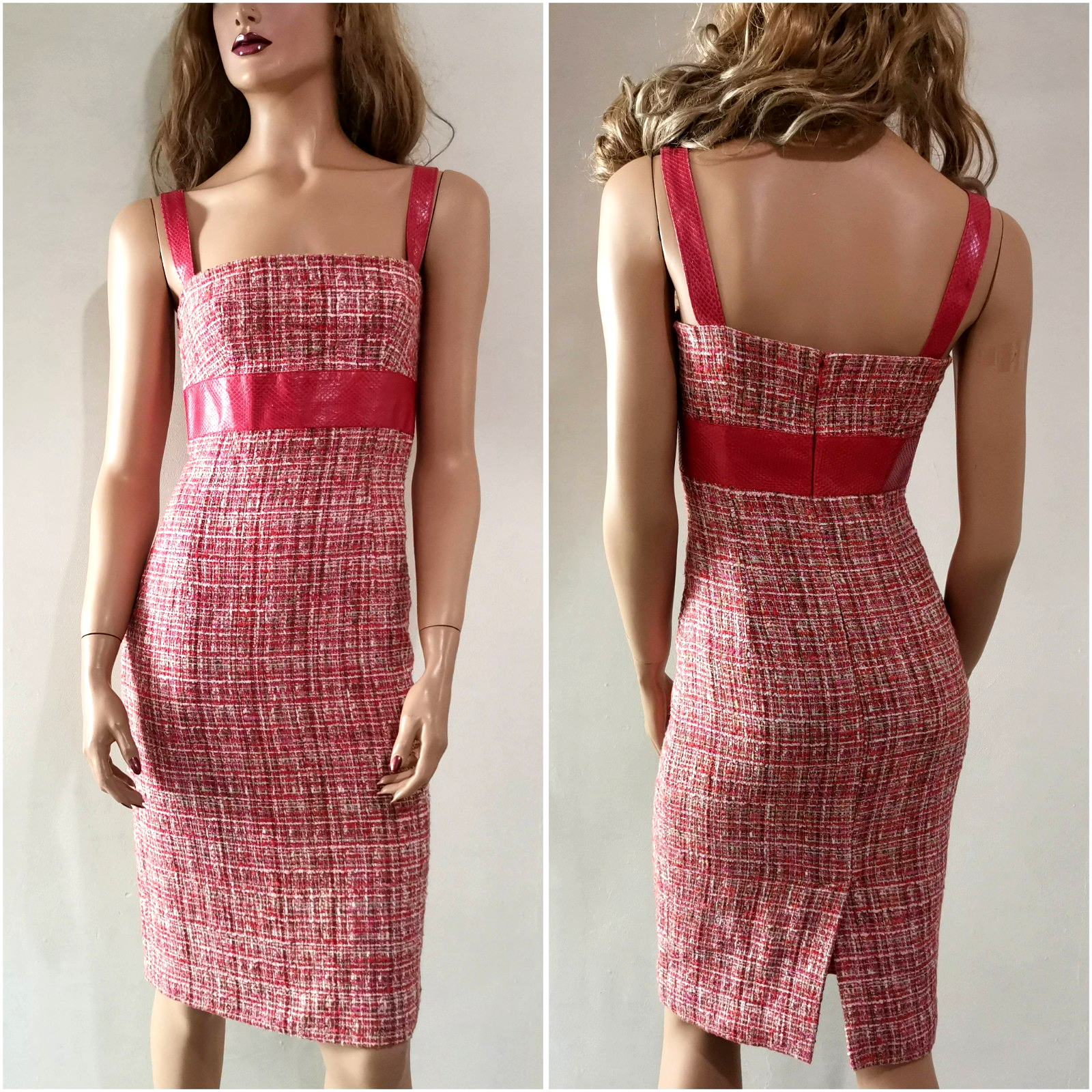 Dolce & Gabbana Vintage Tweed Python Details Sheath Bodycon Red Dress IT40