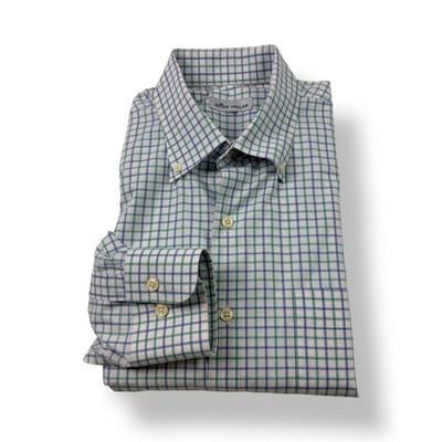 Peter Millar Mens Classic Fit Check Button Down Long Sleeve Shirt Blue Green L