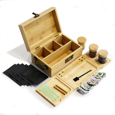 Bamboo Box with Combination Lock Decorative Box，Multipurpose Storage with Remova