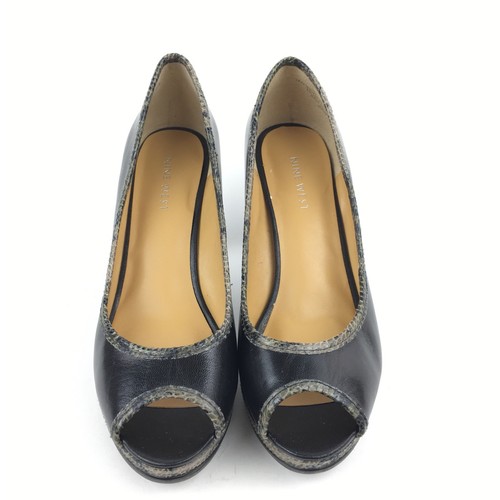 Nine West Heels Sz 6.5 Nw7chassy Black Green Leather Snake Print Peep Platform