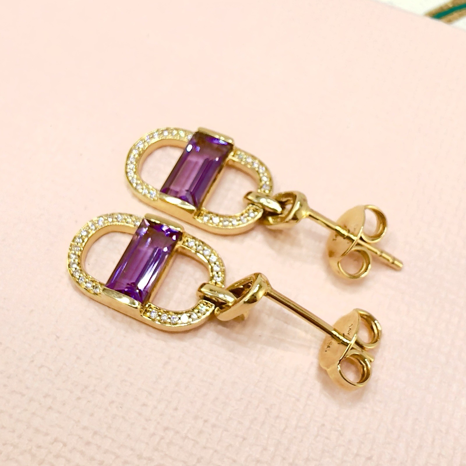 14k Yelow Gold Genuine Amethyst & Diamond Monernist Dangle Earrings, New - Picture 11 of 11