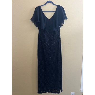 Connected Apparel Women's Blue Petite Sequin Lace Cape Gown Sz 10P