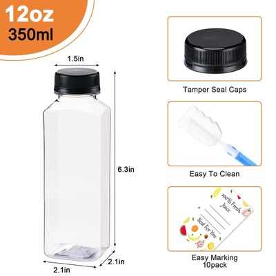 BOOMIBOO Juice Bottles with Caps 10Pcs 12oz Plastic Bottleswit...