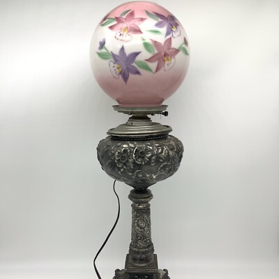 Antique Claw Foot Banquet Lamp w/ Hand-Painted Floral Glass Globe Lamp Shade