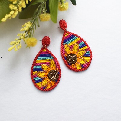 Teardrop Rainbow Earring, Post Earrings, Beaded Earrings, Gift ideas, Sunflower