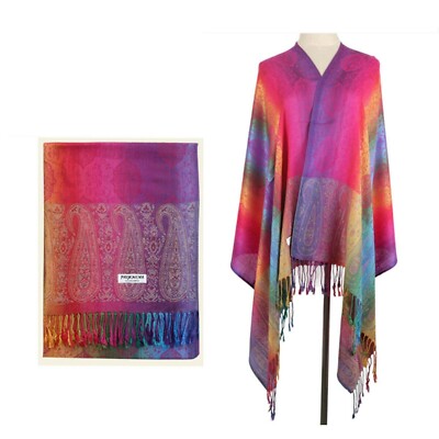 Bright Pink Rainbow Pashmina Scarf Festival Shawl Boho Chic Head Cover Wrap Rave