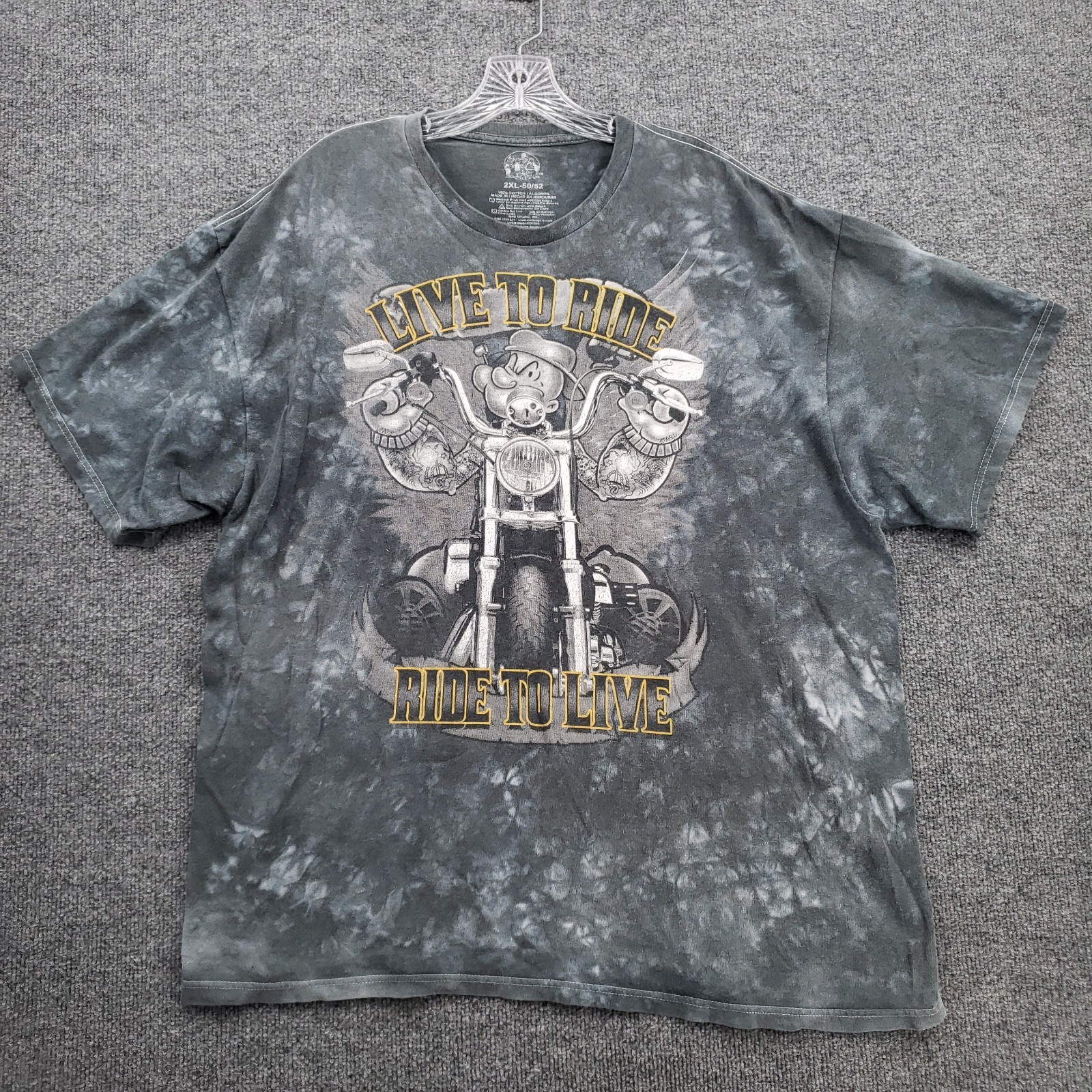 Mad Engine Popeye Live To Ride T Shirt Mens 2XL XXL Gray Tie Dye Biker Graphic
