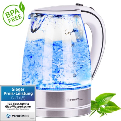 Glas Edelstahl Wasserkocher 1,7 Liter 2200W kabellos LED Beleuchtung blau neu
