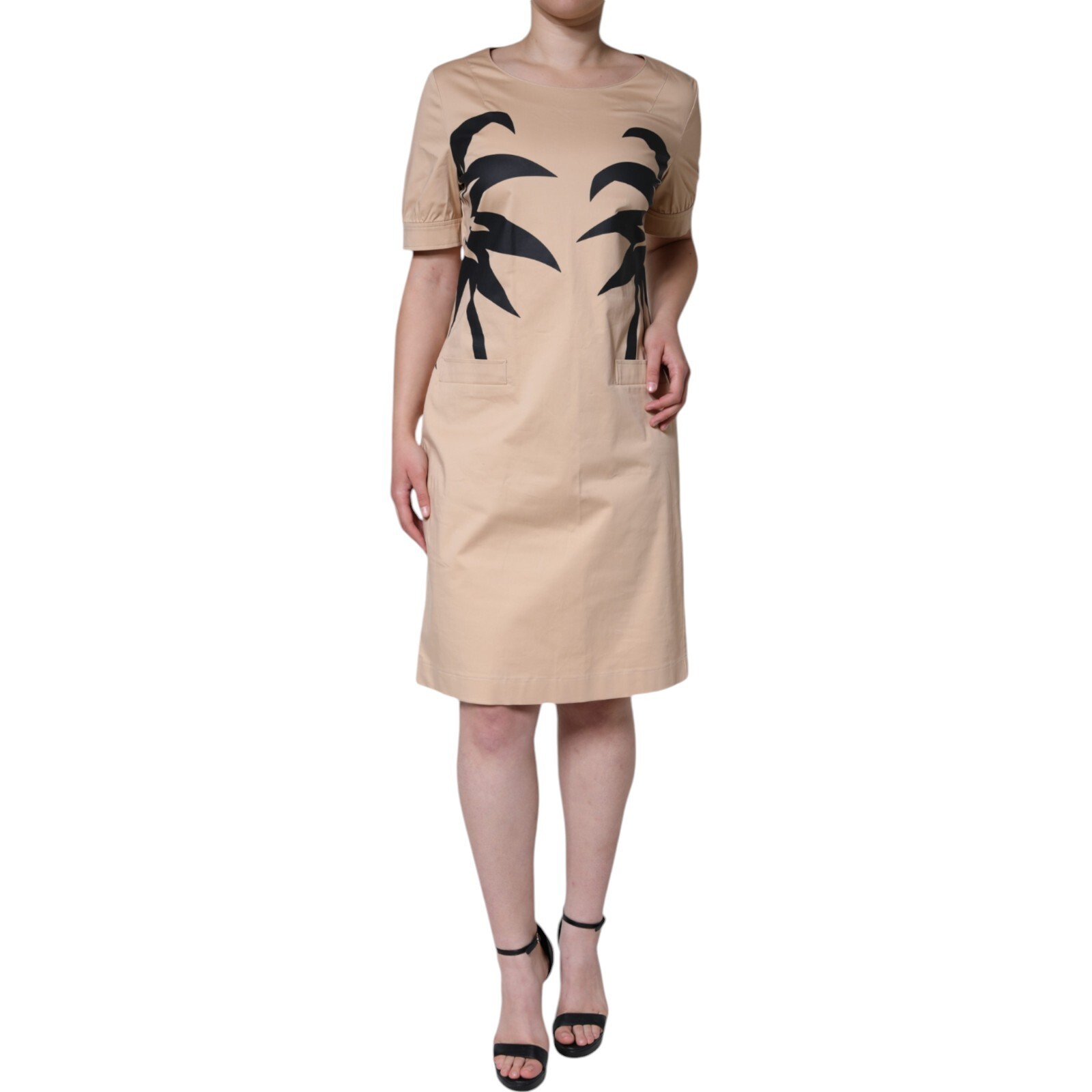 БУТИК-платье MOSCHINO из бежевого хлопка с коротким рукавом длиной до колен IT46/US12/XL 700 долларов США