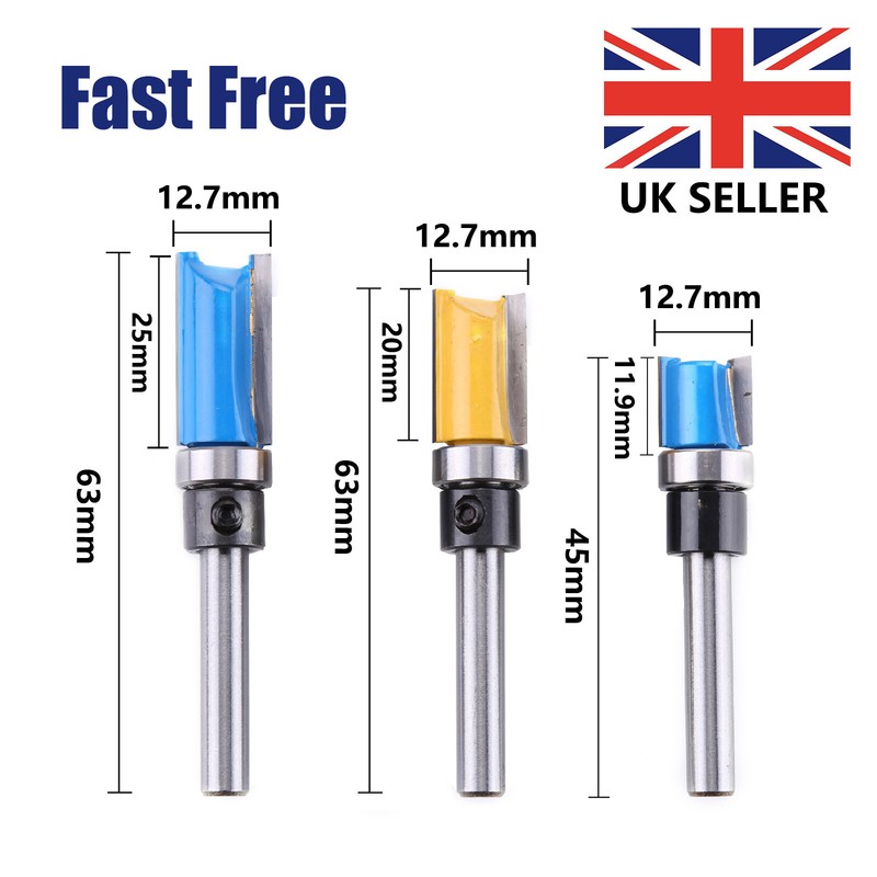 3pcs Router Bit Template Cutter 1/4" Shank Straight Woodwork Wood Flush