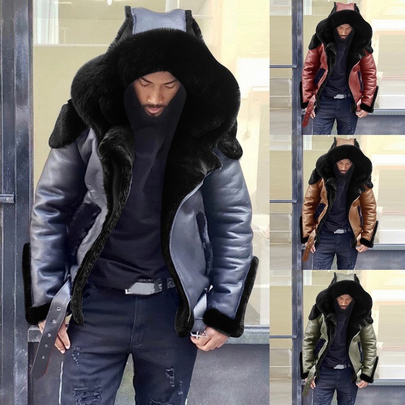 Men Hooded PU Leather Fur Collar Fleece Lined Overcoat Thick Full Zip Coat Jacke