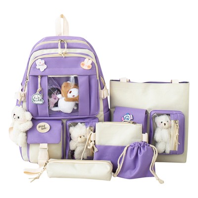 Kawaii Backpack Set 5pcs Aesthetic for School Teens Girls Daypack with Pendants