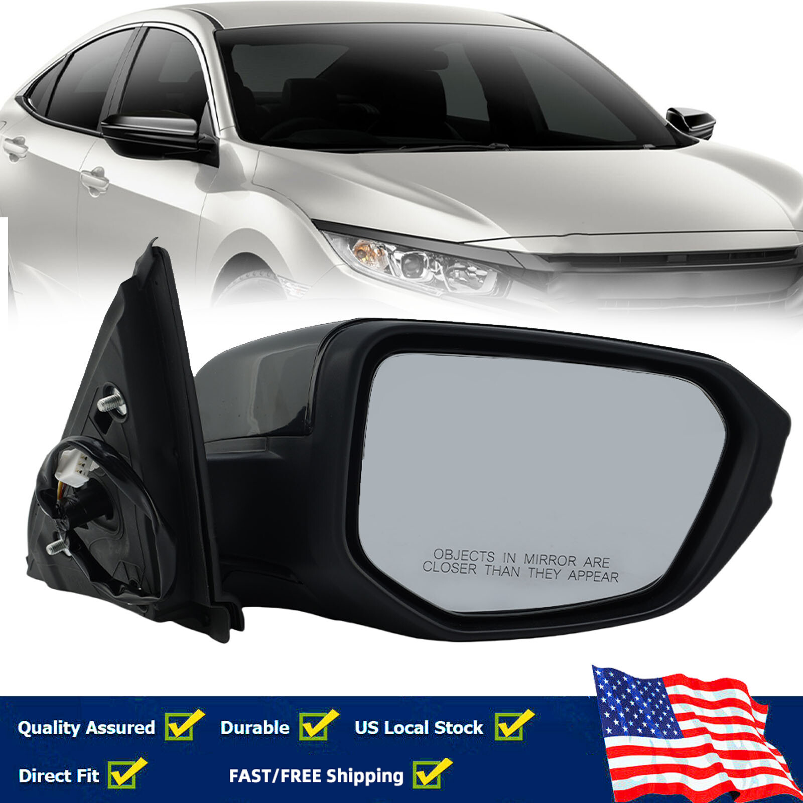 Правое загрунтованное Черное зеркало заднего вида для Honda Civic 2016-2021 с ручным открыванием со стороны пассажира