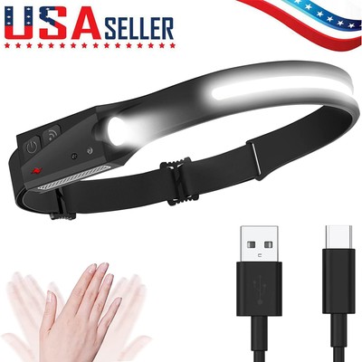 USB Rechargeable COB LED Motion Sensor Headlamp Torch Headlight Flashlight 5Mode