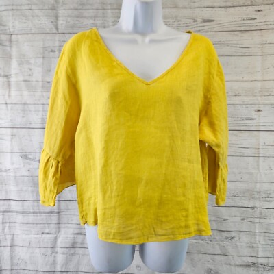 Three Dots Womens Linen Top Sz Small Solid Yellow V-Neck 3/4 Sleeve