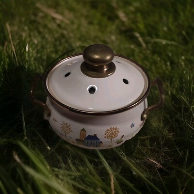 Vtg Enamelware Pot Brass Top Lincoware Country Design Small Enamel Pot & Lid