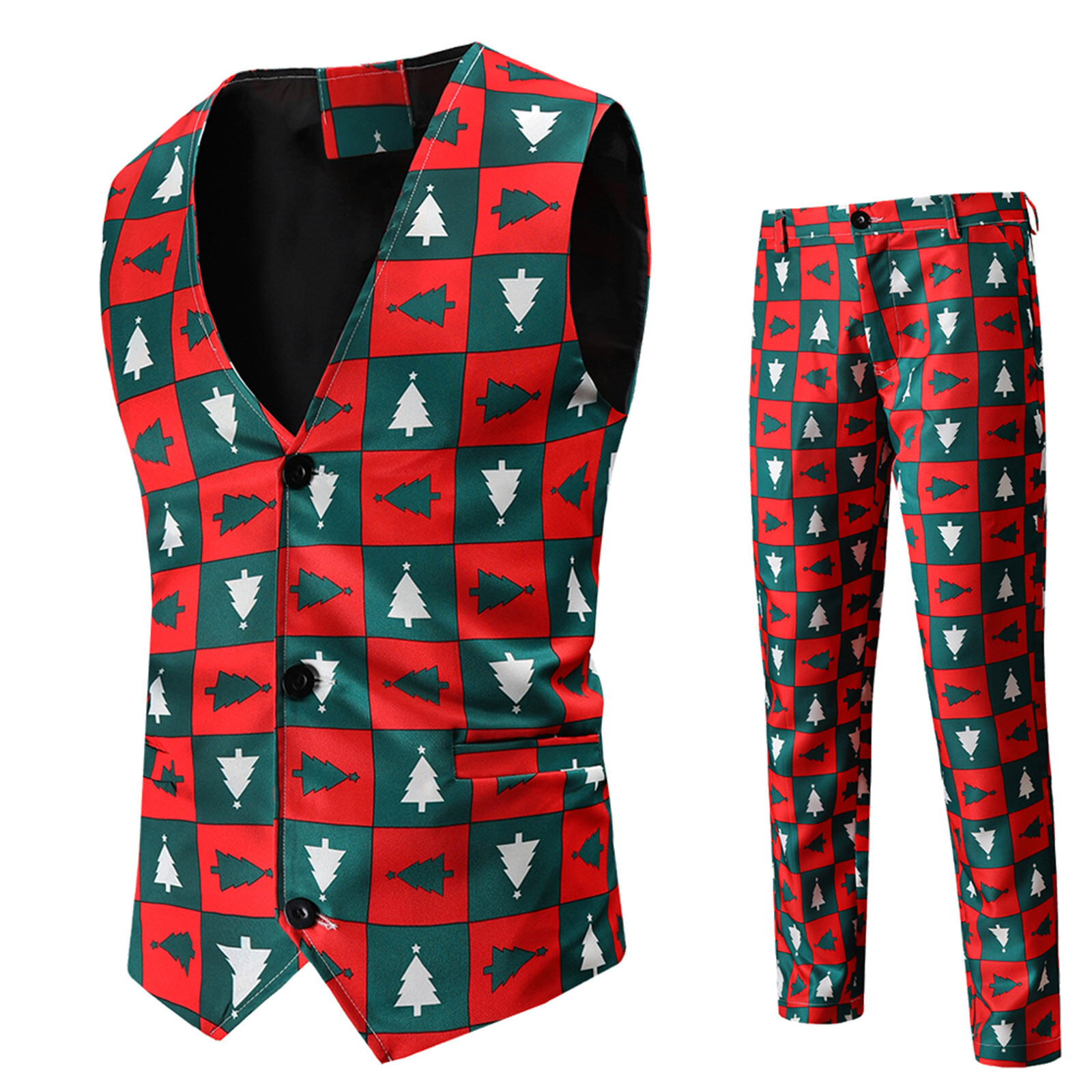 Christmas Mens Printed Vest Waistcoat Top Coat + Pants Outfits Xmas Costume Suit