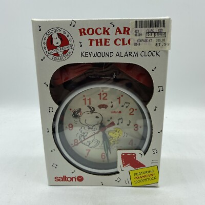 NOS VINTAGE SNOOPY WOODSTOCK ROCK AROUND THE CLOCK KEY WOUND ALARM CLOCK/SALTON