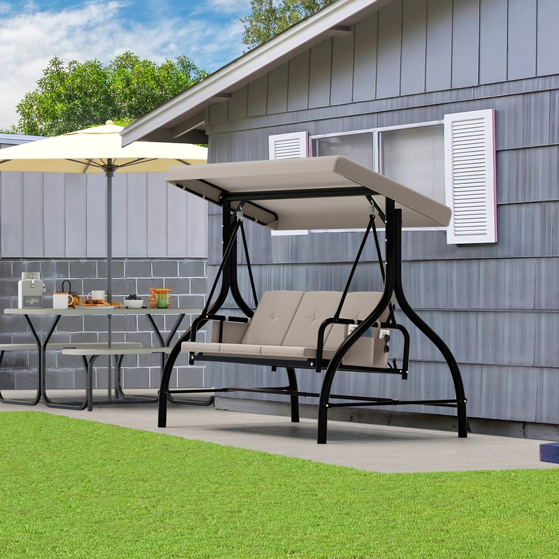 TAUS Deluxe Porch Swing 3 Person Steel Patio Chair Outdoor w/Adjustable Canopy