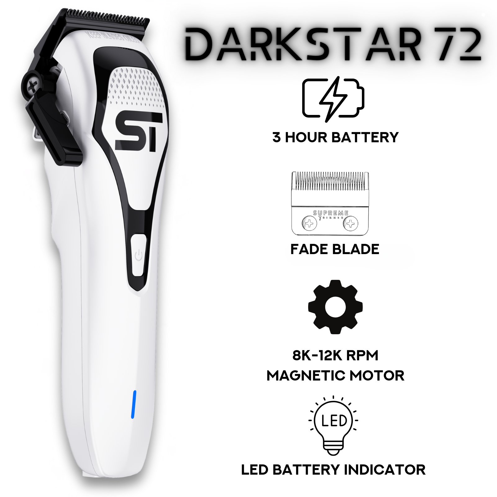 Supreme Trimmer DARKSTAR 72 DLC Fade Clipper w/ Magnetic Vector Motor | White