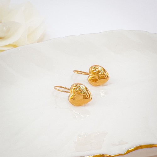 Antique 14k Rose Gold Repoussé Flower Heart Design Dangle Hook Earrings - Picture 5 of 10