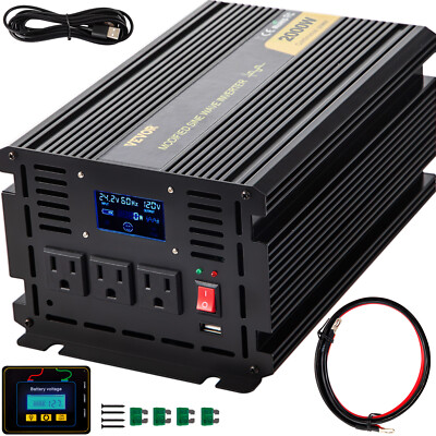 Power Inverter 2000W 4000W 24V DC to 110V 120V AC LCD Cable Car Boat RV VEVOR
