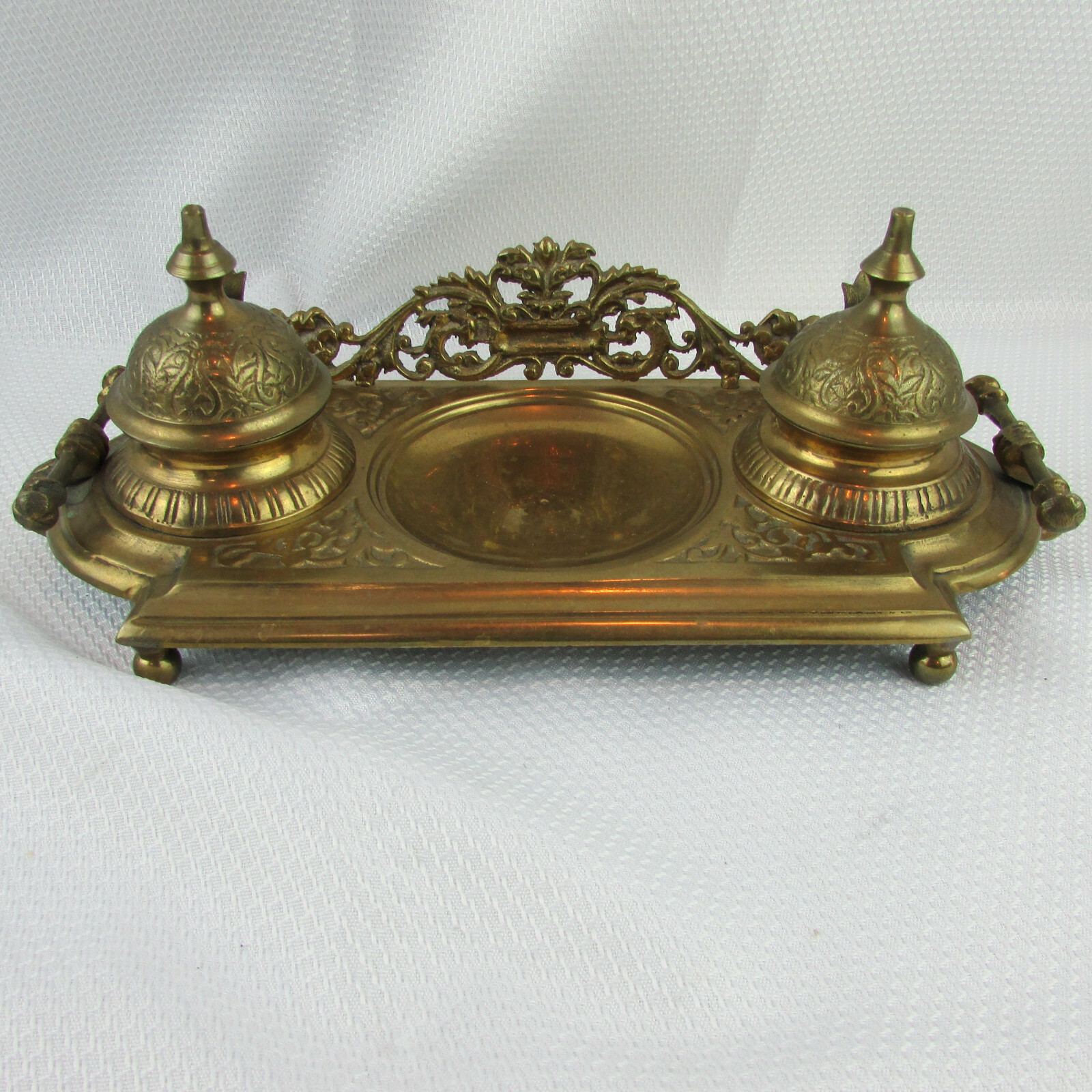 Vintage Solid Brass Ornate Double Inkwell with Removable