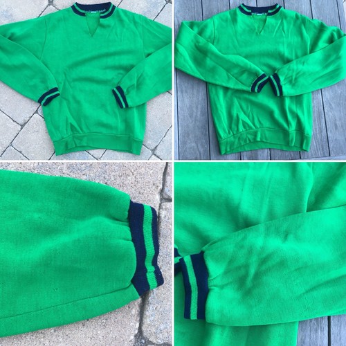 Vintage Sweatshirt Kelly Green With Navy Blue Striped Neck & Sleeves Ends XS S